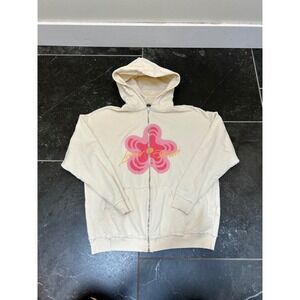 Local Heroes Mens Flower Graphic Distressed Zip Up Hoodie Cream Off White Small